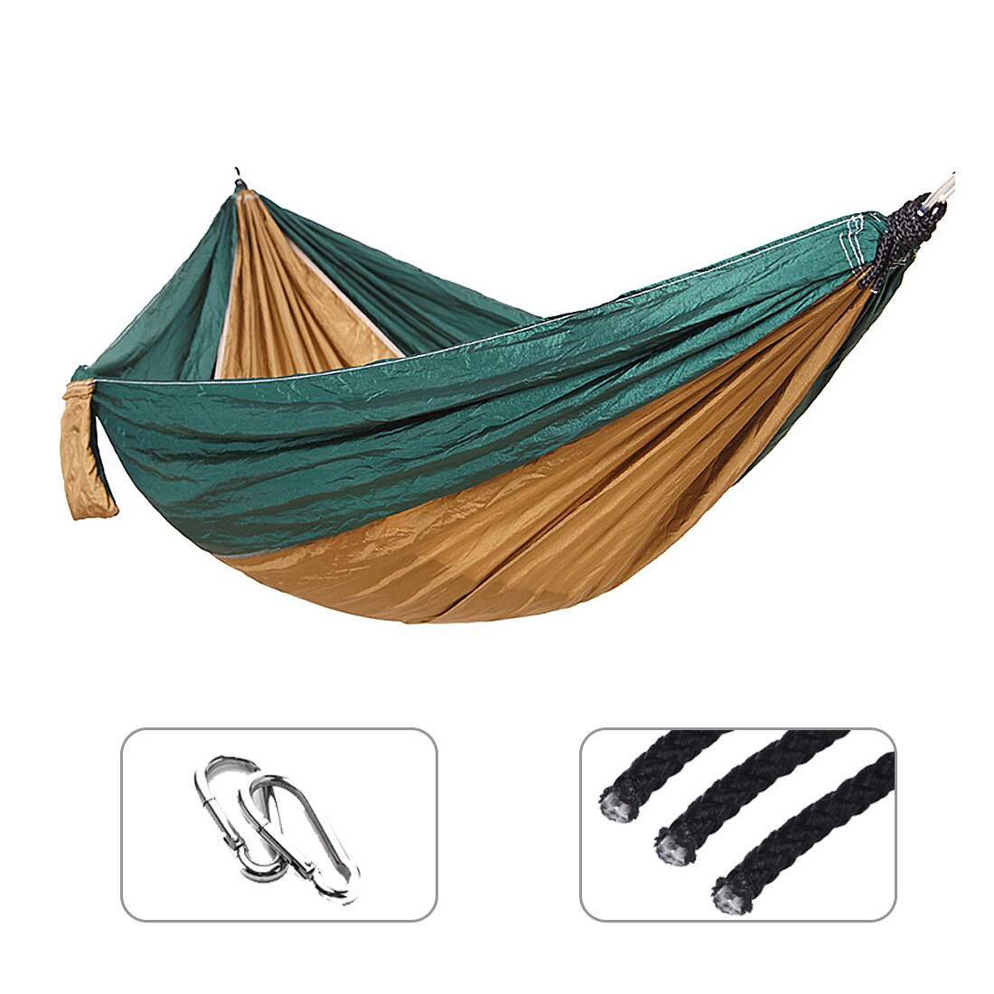 Single Double Hammock Adult Outdoor Backpacking Travel Camping Survival Sleeping Bed Portable Thicken With 2 Ropes 2 Carabiners: Dark green add Camel