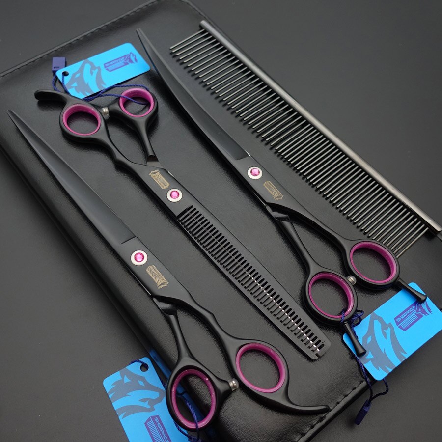 Pet Grooming Scissors set,8"Straight +7.5"Thinning +8" Curved scissors+Grooming Steel Brush Comb sets+kits/case: Black