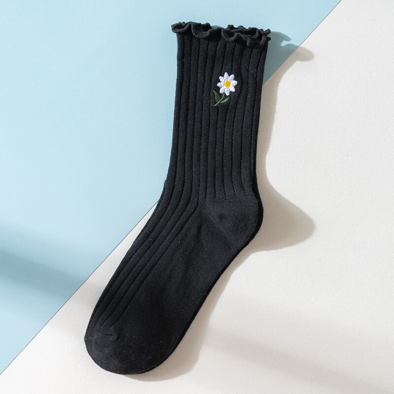 Women's Socks Middle Tube Cotton Socks Cute Flower Pattern Embroidery Girls Socks Fungus Edge College Style Daisy Pattern Socks: Black