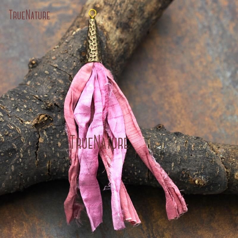 Large Sari Silk Tassel For Necklace Bracelet Making Bohemian Handmade Colorful Tassel Charm Bronze Cap In 5.4 inch PM7903: pink