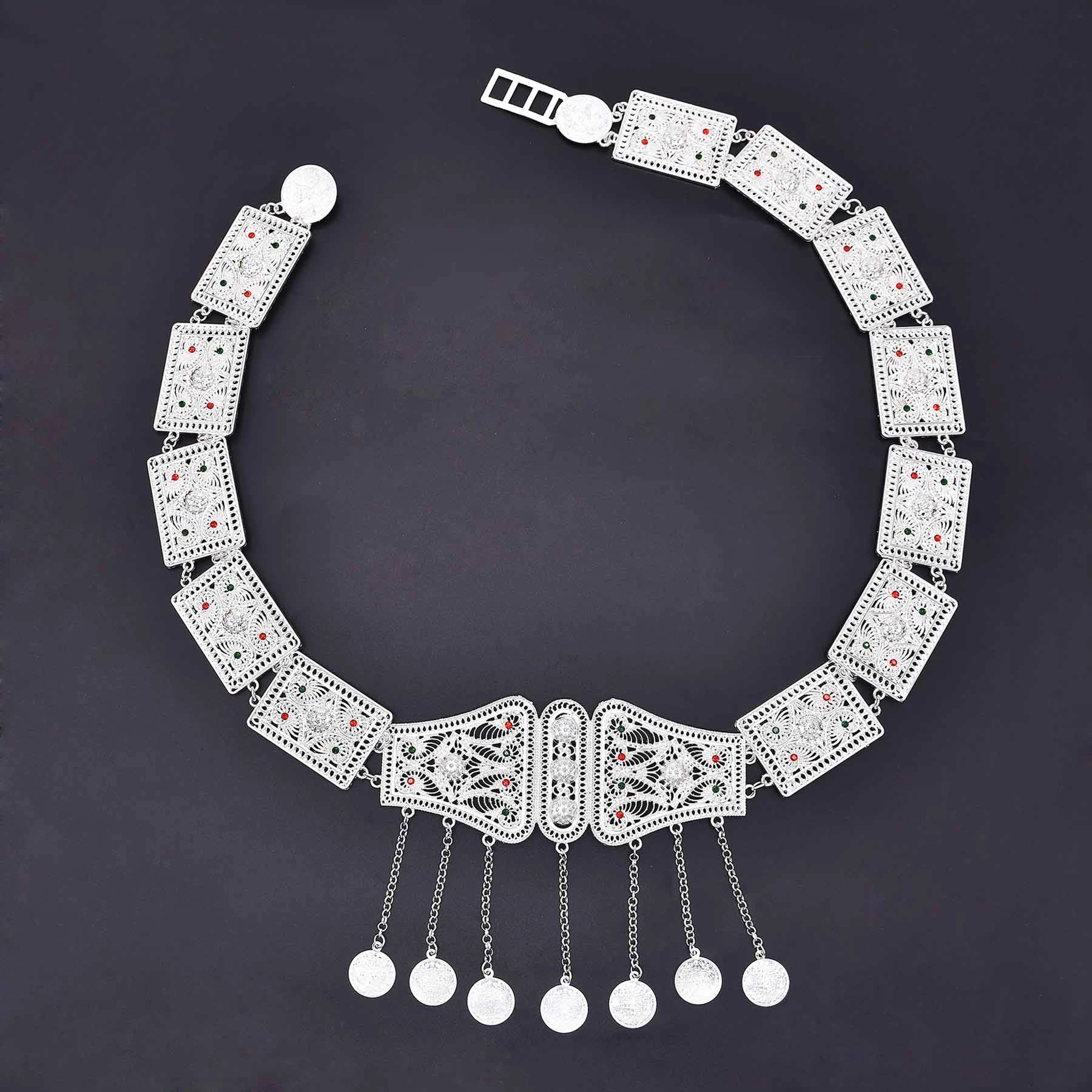 Cadena de cintura chapada en plata brillante para mujer, cadenas para el cuerpo de y pesadas, joyería para el cuerpo india Tribal étnica Vintage: Rodio plateado