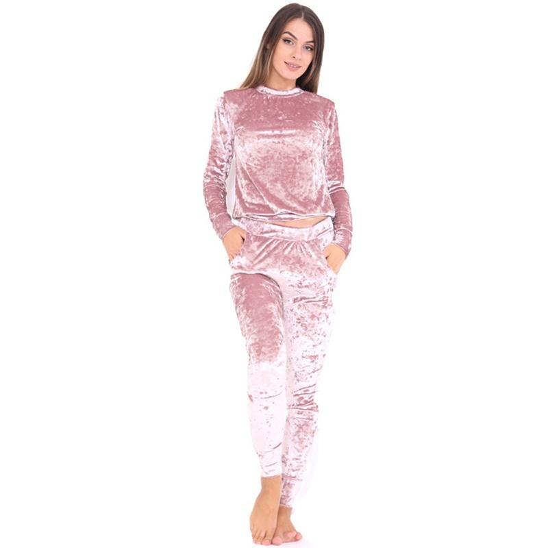 2 stuks koreaanse fluwelen trainingspak voor dames herfst/winter lange mouwen ronde hals sweatshirt en joggingbroek effen kleur sportkleding dames: Roze / S