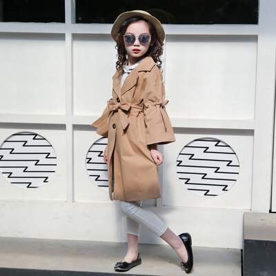 4-14y Girls coat autumn overcoats flare sleeve children's clothing jackets pockets medium-long kids outerwear: 14