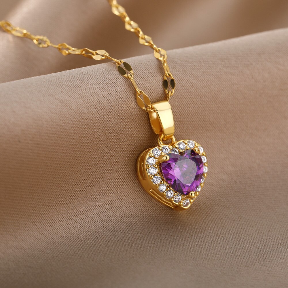 Paarse Kleur Hart Ketting Voor Vrouwen Franse Metal Liefde Sleutelbeen Keten Eenvoudige Zirkoon Hart Choker Hanger Ketting Bijoux Femme