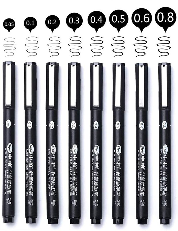 Fine Line Needle Pen for Cartoon Sketching, Comic, Manga, Artist Illustration, Technical Drawing, Figure: 8pcs