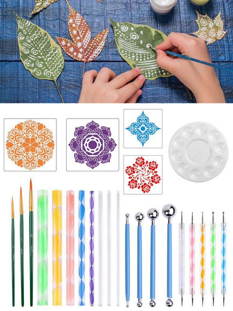 25PCS Mandala Dotting Tools Set Pen Dotting Tool Mandala Stencil Ball Stylus Paint Tray Painting Rock Coloring Drawing Supplies