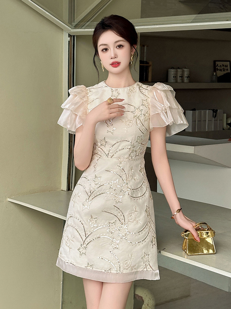 Vestido curto de lantejoulas bordado feminino babados, vestido de noite elegante, manga bolha, vestido de festa, data e banquete, moda