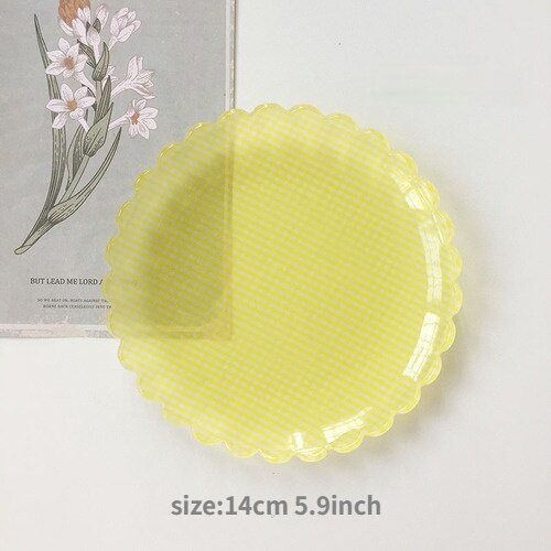 Plateau à Dessert en plastique, plat à gâteau en acrylique, motif de grille, assiettes florales, décoratives, fête de mariage, anniversaire, assiette à fruits cuillère fourchette: Yellow plate