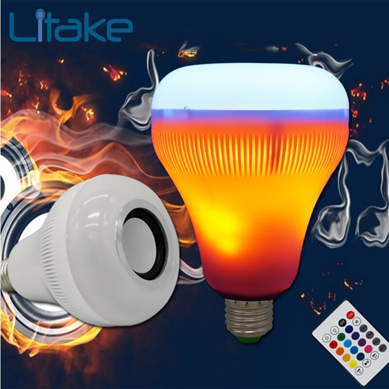 Litake LED RGB Muziek Lamp Licht Draadloze Telefoon Bluetooth Speaker met Vlam Effect E27 Muziek Lamp
