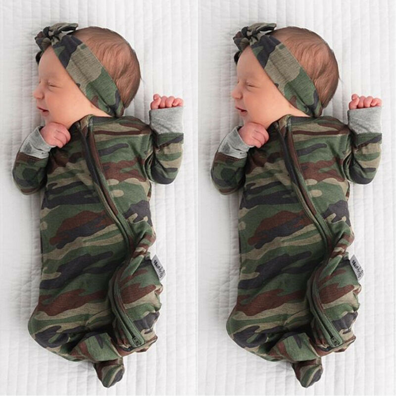 Pasgeboren Kids Baby Jongen Meisje Camo Rits Lange Mouwen Hoed Cap Hoofdtooi Hoofddeksels Jumpsuit Herfst Footies Kleding Outfits