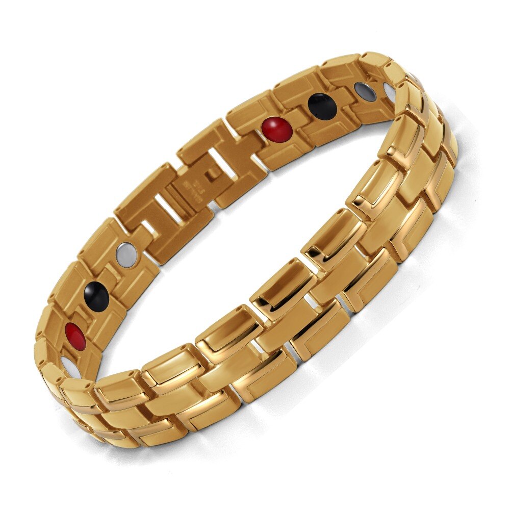 Cura magnético pulseira homem/mulher 316l aço inoxidável 3 elementos de cuidados de saúde (magnético, abeto, germânio) pulseira de ouro corrente de mão: Gold