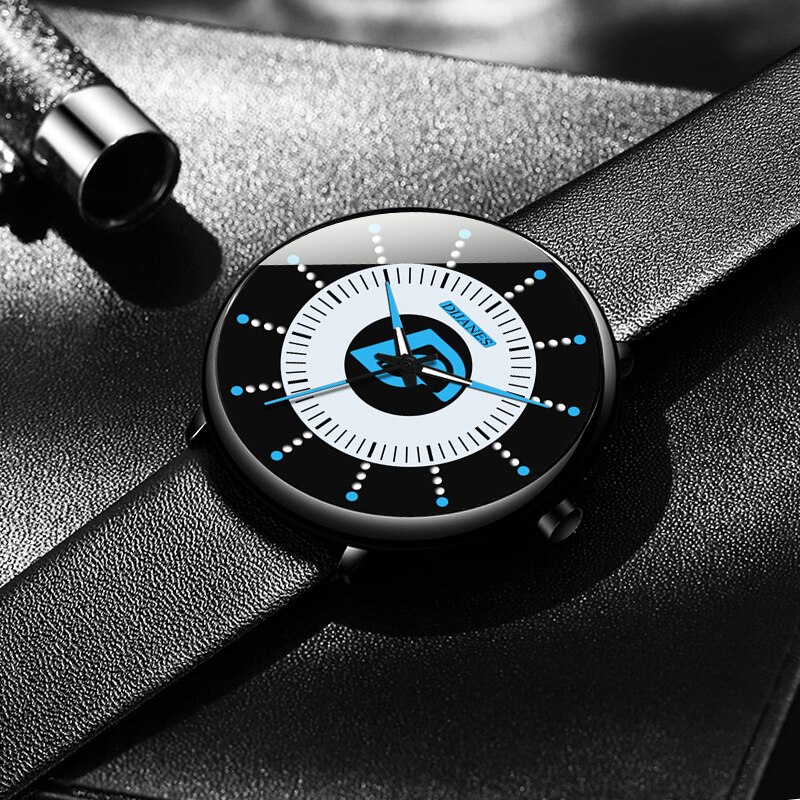 Heren minimalistische horloges heren zwarte leren band quartz horloge eenvoudig heren casual lichtgevende klok luxe man