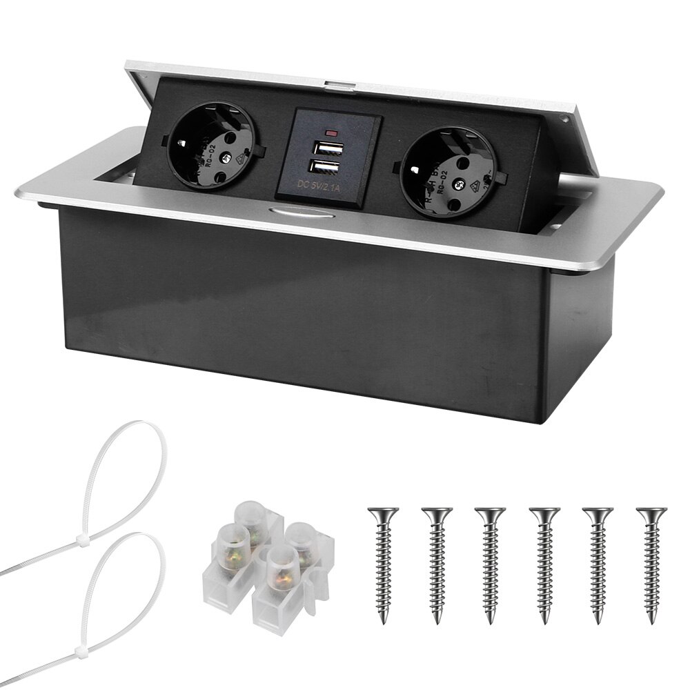 Desktop Socket Table Outlet 2 3 EU Socket With USB Charging Black Silver For Meeting Room Aluminum Alloy Cover: Silver-2EU2USB