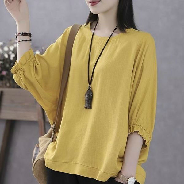 Zomer Losse Casual Batwing Halve Mouw Ruches Shirt Dames O Hals Effen Kleur Top Dames Oversized Pullover Blouse Femme: XL / YELLOW