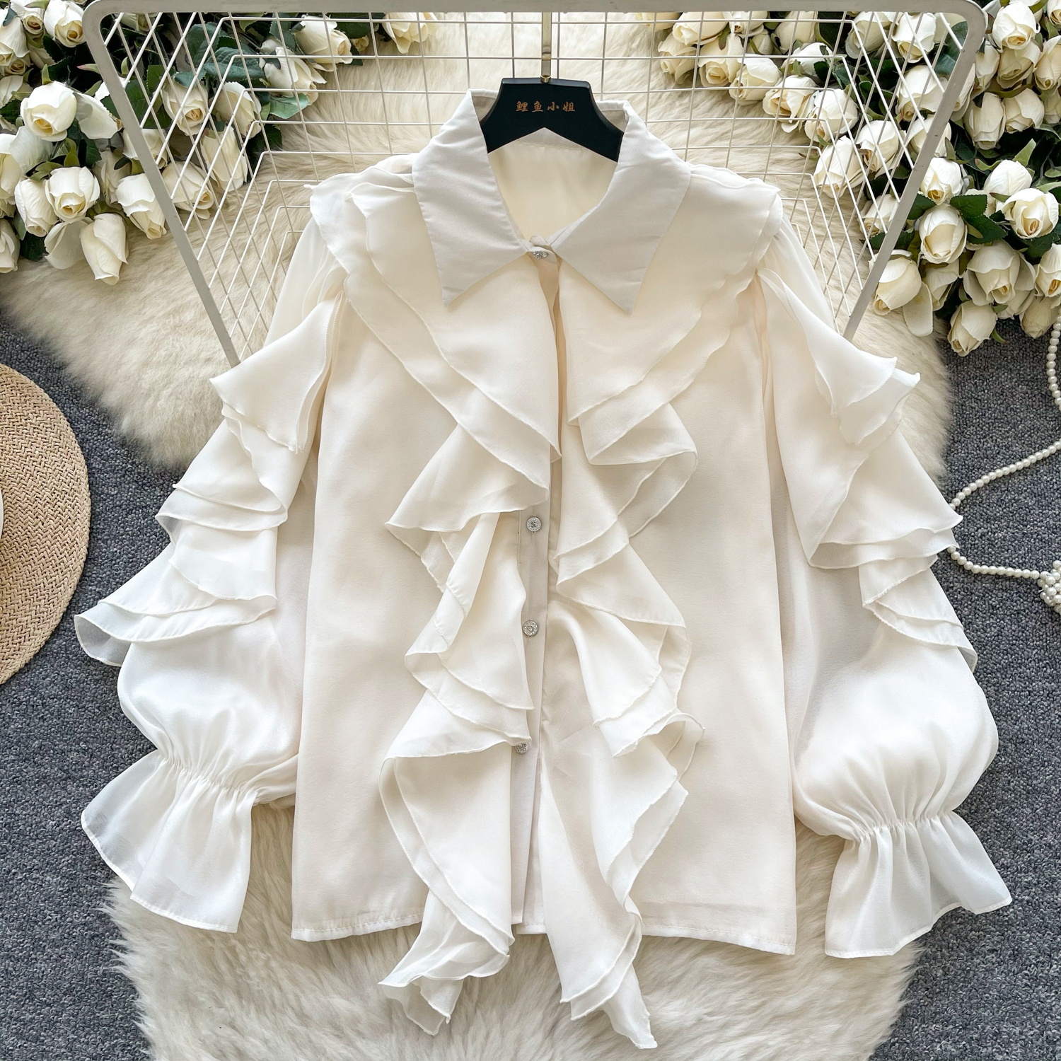 Elegant sateng tredimensjonal puff langermet plissert bluse slank sexy hotsweet skjorte kvinner streetwear koreansk  y2k: Elfenben