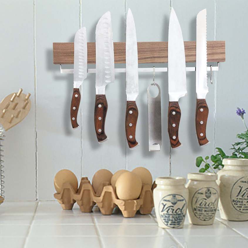 Tiras magnéticas para cuchillos, soporte magnético para cuchillos para pared de 16 pulgadas, tira magnética para cuchillos de madera de nogal que se utiliza como barra para cuchillos, soporte para cuchillos