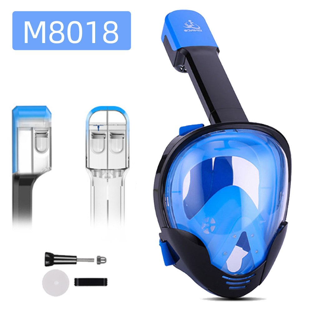 Máscara de buceo de cara completa, gafas antiniebla Scuba, máscara de natación de Snorkel de vista panorámica subacuática para adultos con soporte para cámara: M8018 Blue S M