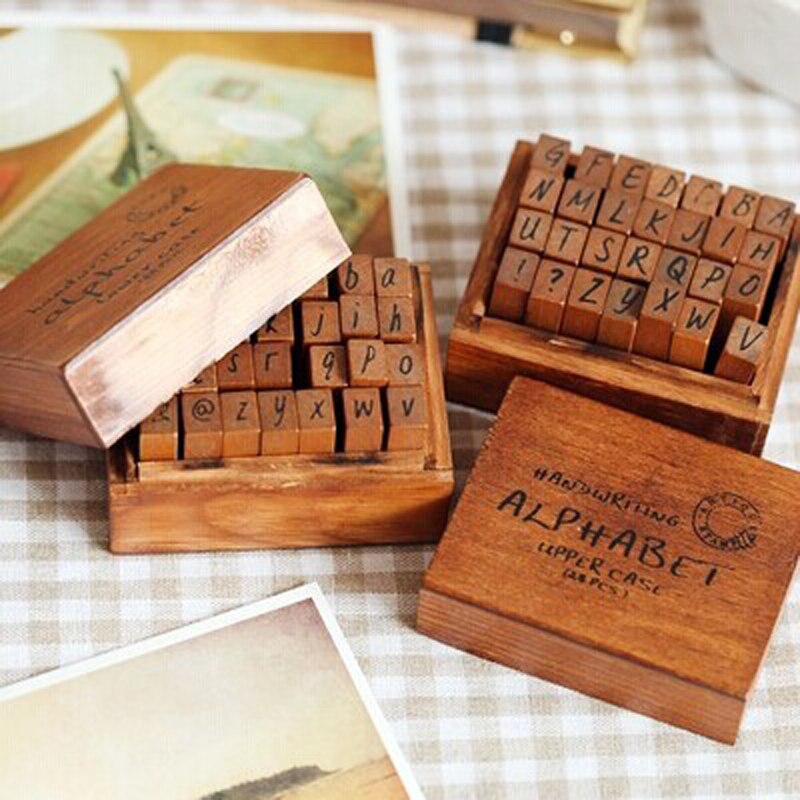 70pcs/set DIY Number Alphabet Combination Letter Stamp Diary Ablum Wedding Letter Wood Rubber Stamp Set with Vintage Wooden Box