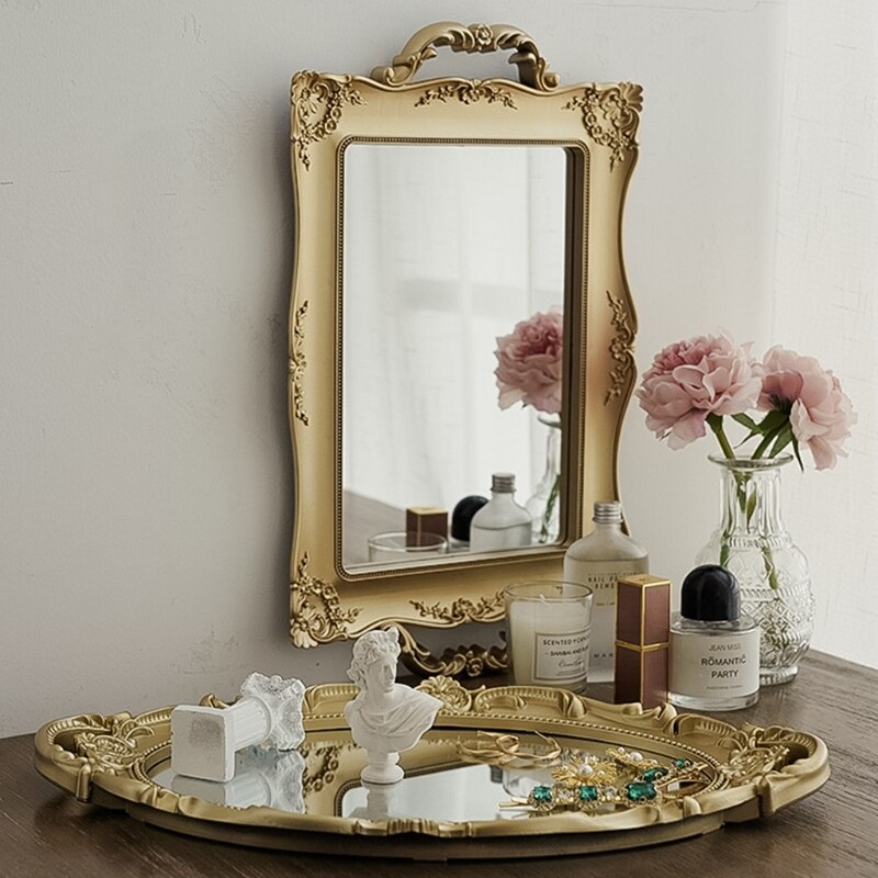 Vintage Rechthoek Decoratief Glas Spiegel Tray Franse Stijl Fruit Sieraden Display Opslag Plaat Desktop Ornamenten Make-Up