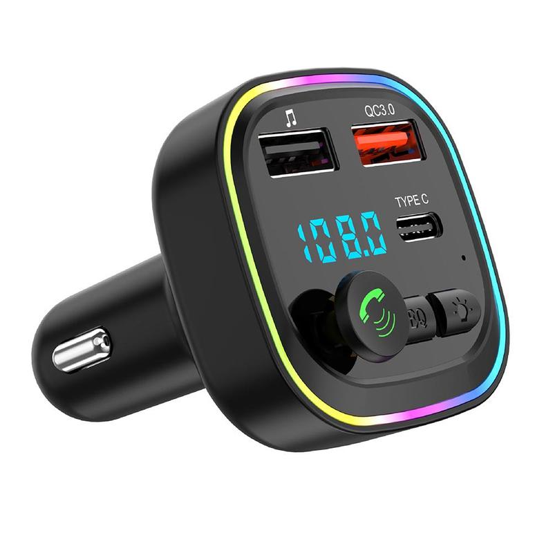 Car Bluetooth 5.0 FM Transmitter 87.5-108 mhz Type-C Dual USB 5V/3.1A Fast Charger LED Backlit Atmosphere Light MP3 Player