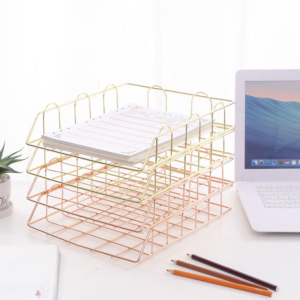 Metal Stackable Storage Basket Magazine Newspaper Organizer Nordic Rose Gold Frame Rack Office Desktop A4 Paper Finishing Basket