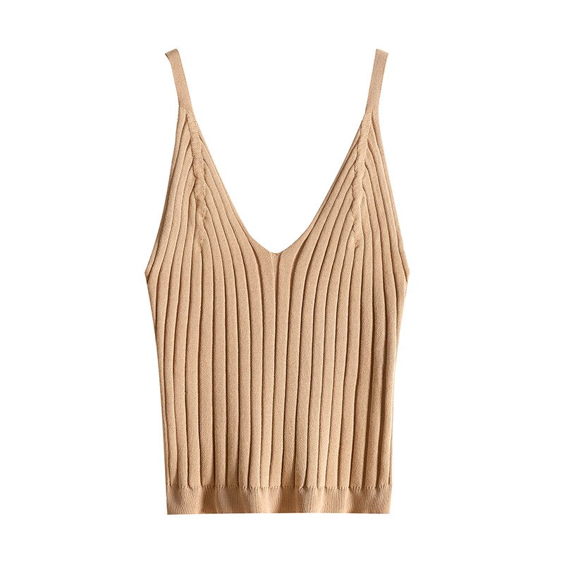 Kvinder sexet strikket crop top crop ærmeløs cropped vest slim sling strikket tank top v-hals almindelig camisole høj elastisk camis