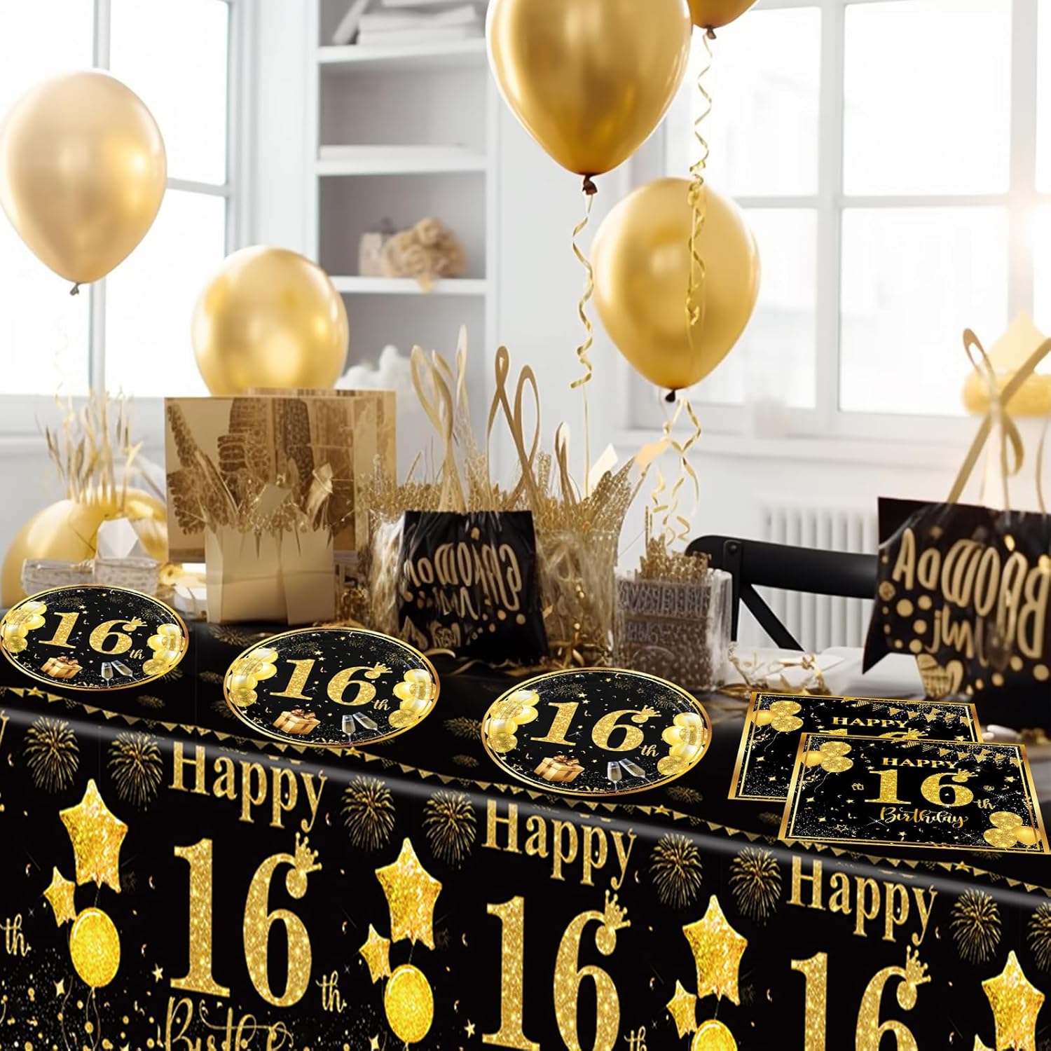 16e verjaardag voor jongens meisjes Gelukkige 16e verjaardag benodigdheden 16 feestdecoraties Zwart goud 16e verjaardag Borden Servetten Tafelkleden