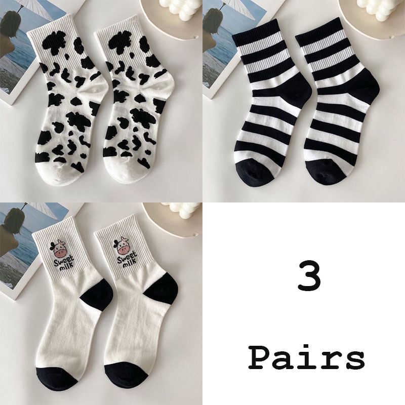 3 Pairs Socks Set Women's Socks Cow Print Ins Black And White Lovely Versatile Socks Stripes: Beige