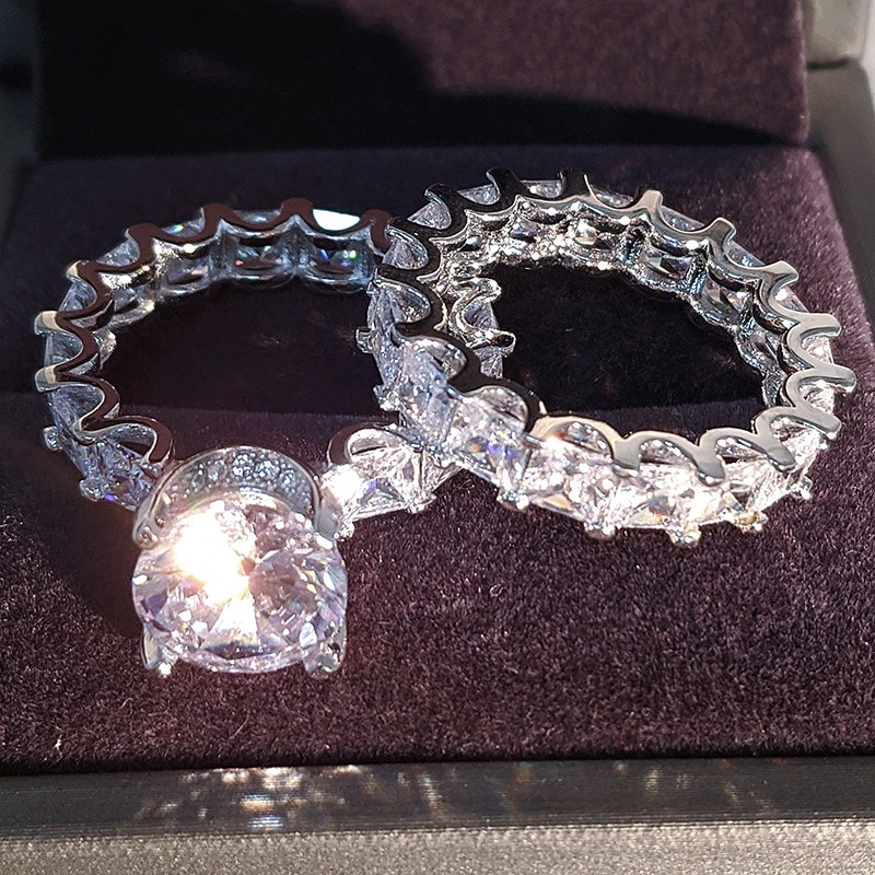 Conjunto de anillos de boda de lujo para mujer, 2 uds., de aniversario de compromiso, joyería al por mayor R4869