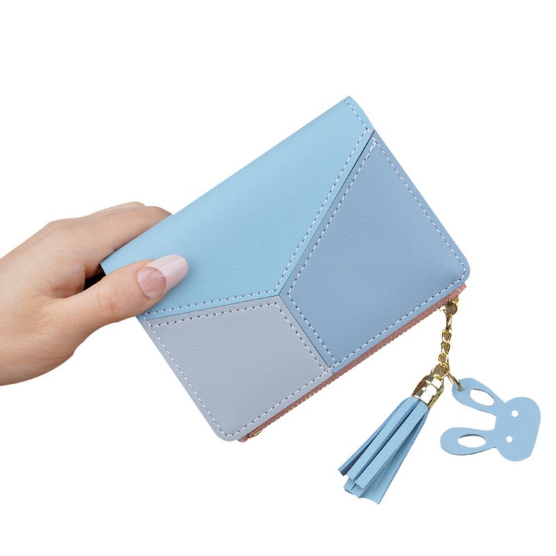 SHUJIN Geometric Women Wallets with Zipper Pink Phone Pocket Card Holder Patchwork Long Wallet Lady Tassel Short Coin Purse: Blue