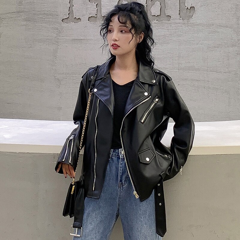 Fitaylor-chaqueta de cuero de imitación para mujer, chaqueta negra con solapa para motocicleta, abrigo Punk Vintage con cremallera, prendas de vestir con cinturón: XL