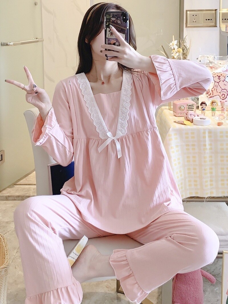 Maternity Pajamas Spring Summer Thin Loose Casual Solid Color Modal Confinement Clothing Maternity Home Service Suit