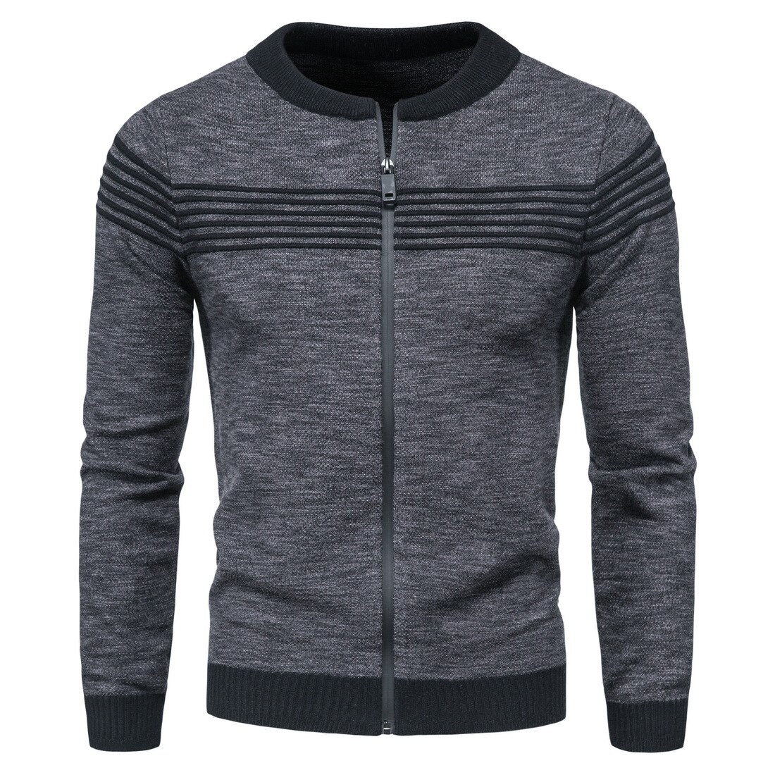 Autumn Men's Zip Knitwear Stripes Contrast Cardigan Sweater: Dark Gray / XXL