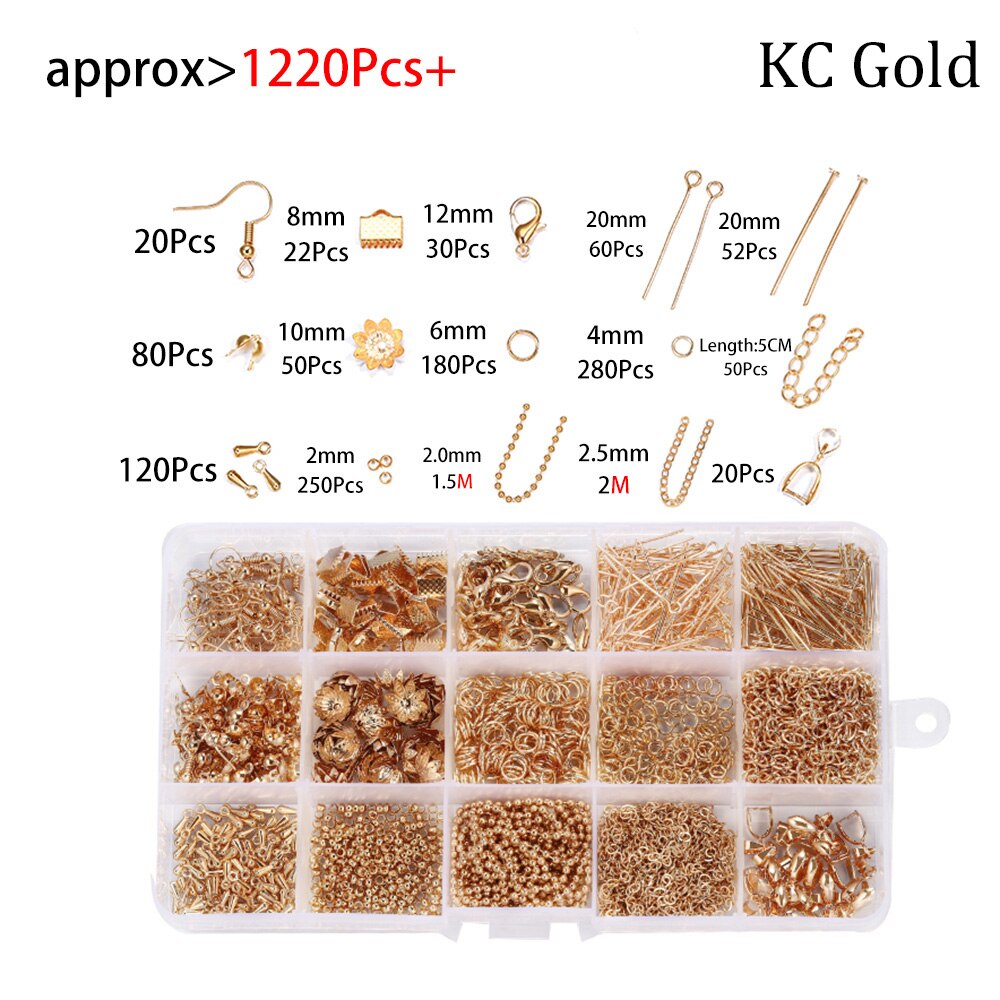 1220Pcs Sieraden Maken Set Ringetje Karabijn Pin Keten Oorhaak Voor Diy Hanger Sieraden Maken Kit Levert accessoires: KC Gold