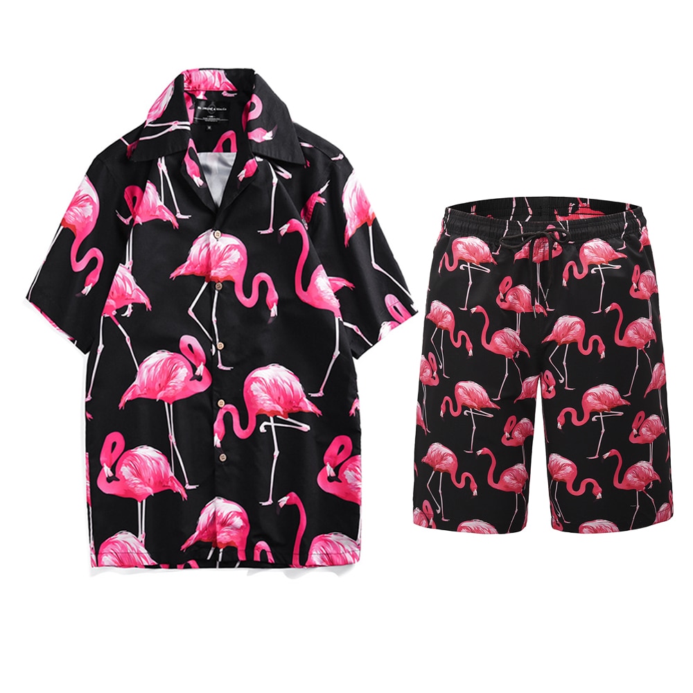 Conjuntos de vacaciones de verano Mr.1991IN, trajes de playa hawaianos de estilo Tropical con estampado de flamencos para hombres, camisas cortas, traje de dos piezas