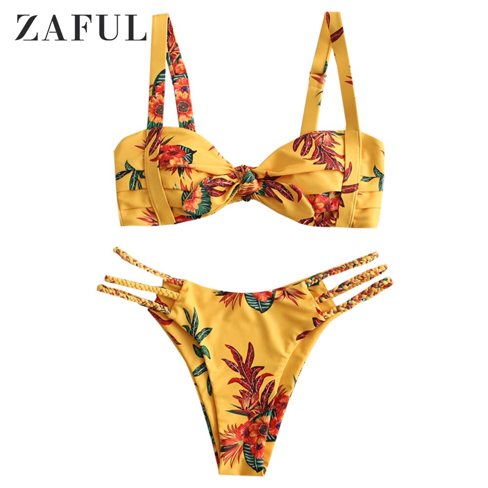 Zaful plant print flettet stroppet plisseret bikini badedragt: Sennep / M