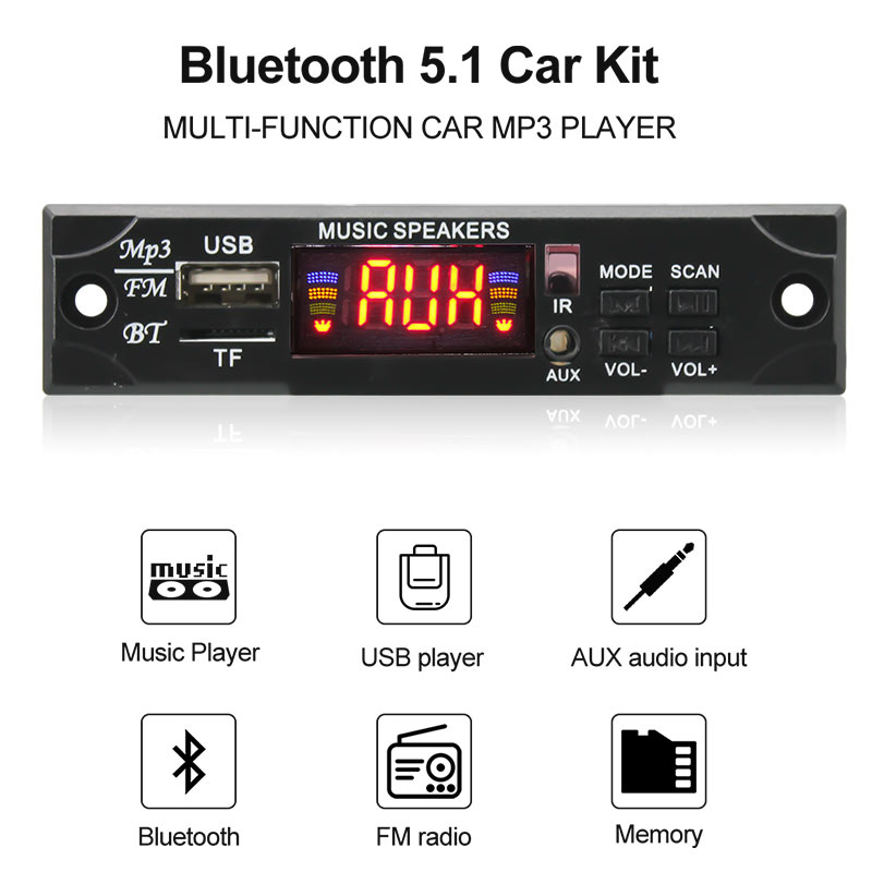 VIRE Bluetooth 5.3 Odtwarzacz MP3 Dekoder Moduł 5V/12V Kolorowy ekran Car Audio USB TF FM Moduł radia z pilotem zdalnego sterowania
