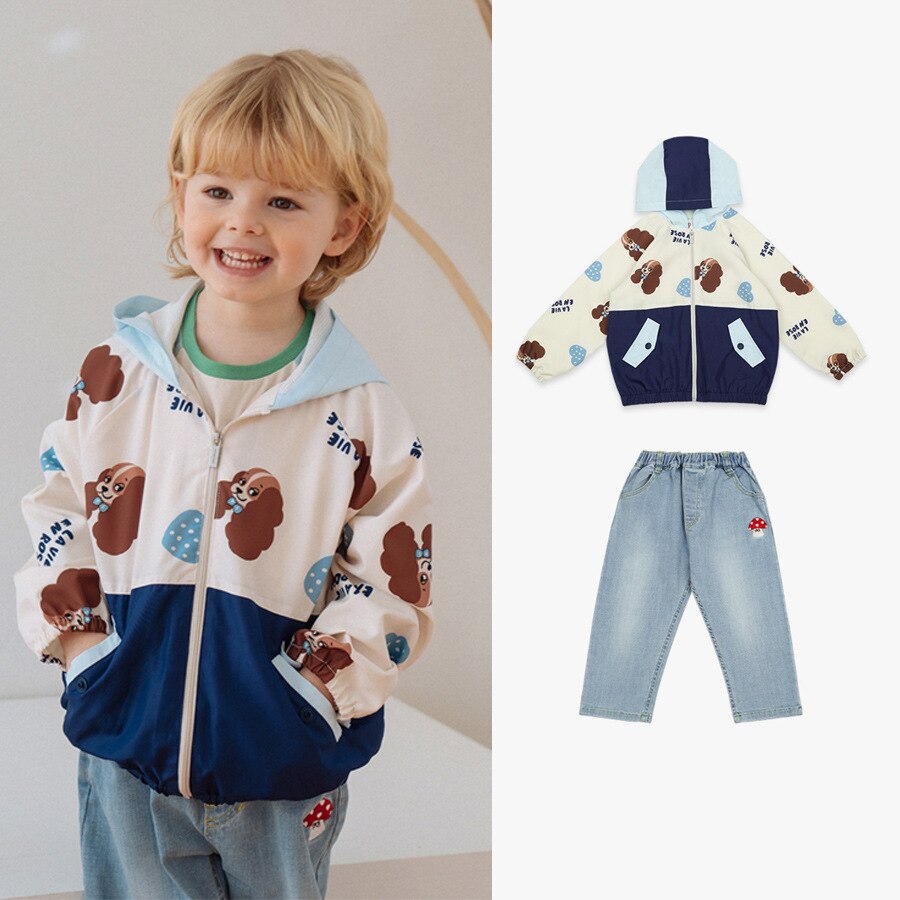 Felpa con cappuccio per bambini 2022 Spring New Cartoon Puppy Boy Jacket cuciture Boy Jacket Jeans per bambini in puro cotone abbigliamento per bambini