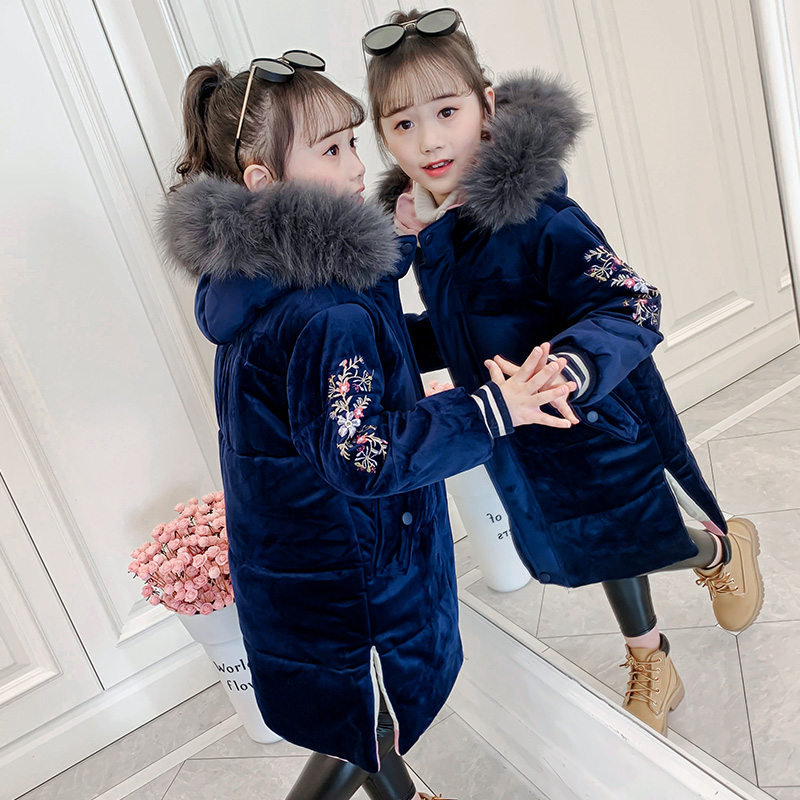 High Grade Girls Embroidery Long Jacket Coat Fur Hoodies Kids Princess Royal Sapphire Flower Embroidery Coat for Winter