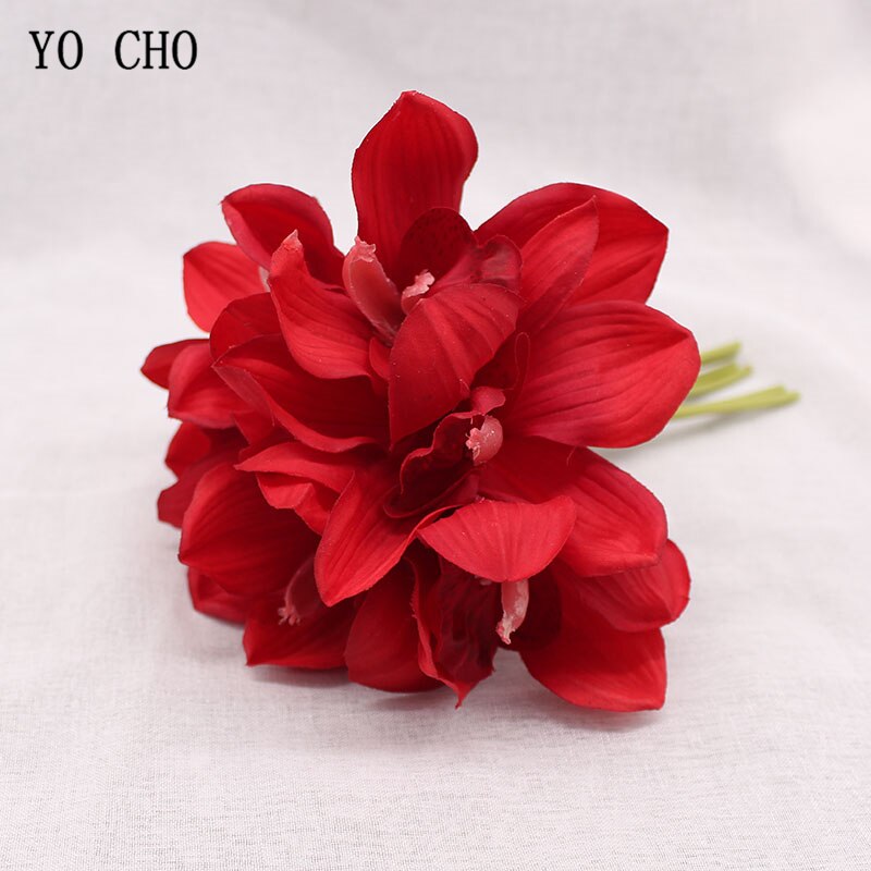 YO CHO Nep Orchidee Bloem DIY Bruidsmeisje Boeket Bruiloft Bloem 6 Heads Orchidee Boeket Bloemstuk Groen Thuis Party Decor: red