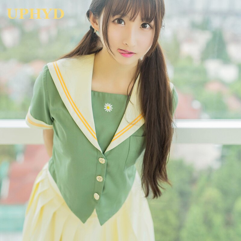 Uniforme de escuela secundaria verde para niñas, uniformes de Sailor, estilo pijo