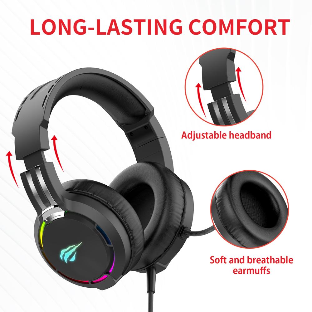 Havit-auriculares con micrófono para Gaming, audífonos profesionales HD con superbase envolvente, retroiluminación RGB, con cable para PC