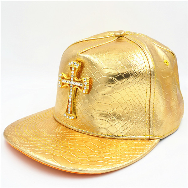 Bling krystal guld kors vedhæng kasketter hip hop dans hatte pu læder hat justerbar mænd kvinder: Guld
