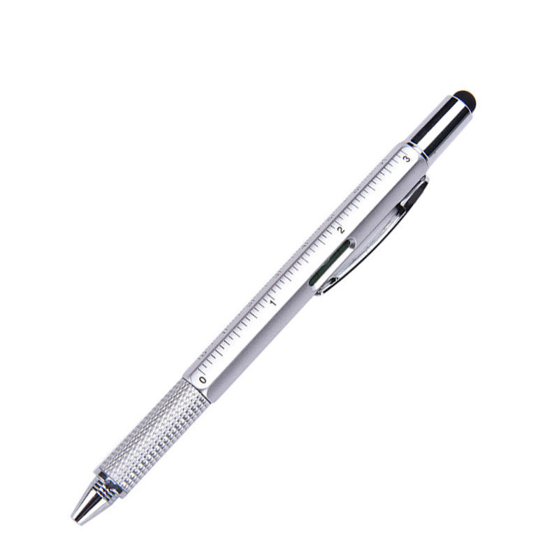 Bolígrafo multifuncional 7 en 1 con dispositivo multitech moderno, regla de medición, destornillador, nivel de lápiz óptico de pantalla táctil: Gris claro