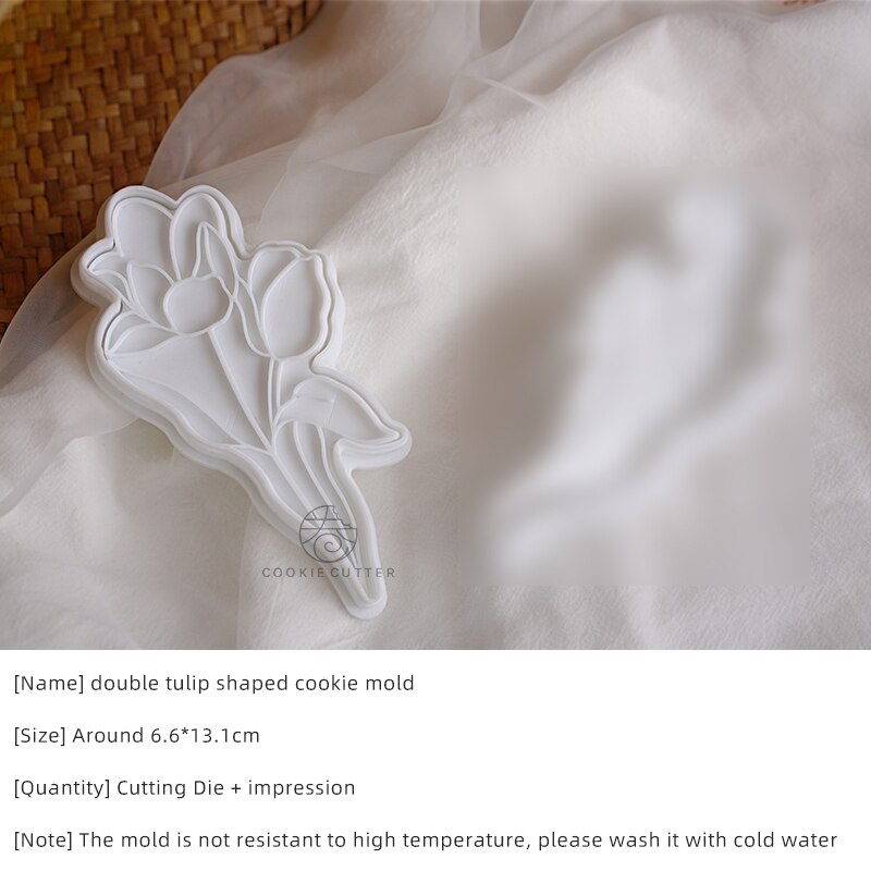 Molde con patrón de tulipán para el día de la madre, cortador de galletas con forma de flor de dibujos animados, ramo, molde de Fondant, moldes para galletas con glaseado: double tulip