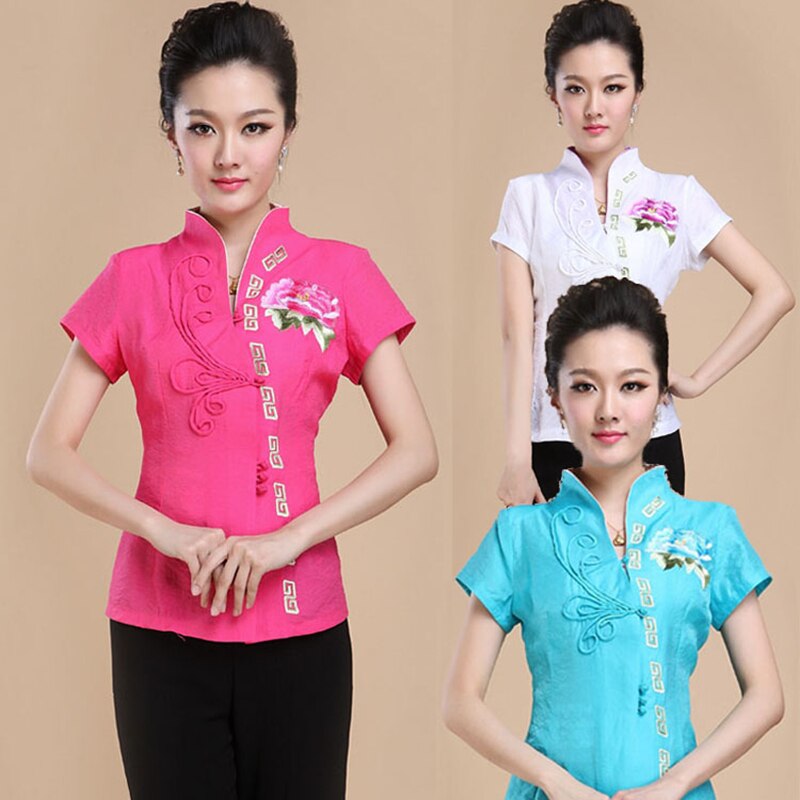 Hanfu tang pak dames top zomer ober thee kunstenaar werkkleding top zomer moeder korte mouw geborduurd opstaande kraag kleding