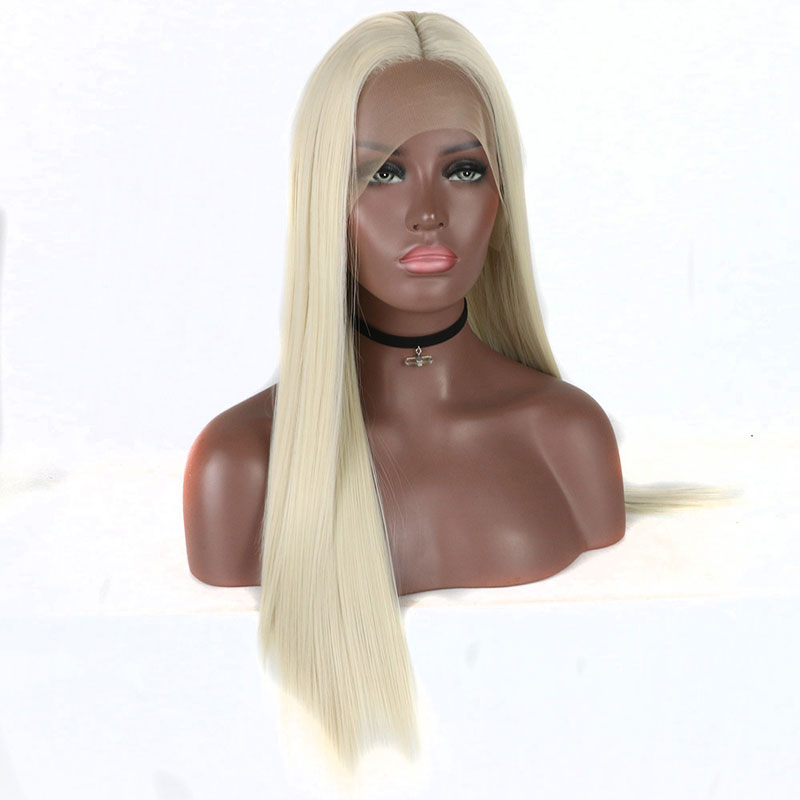 Bombe Blonde couleur longue droite synthétique dentelle avant perruque sans colle résistant à la chaleur fibre cheveux milieu séparation pour les femmes perruques