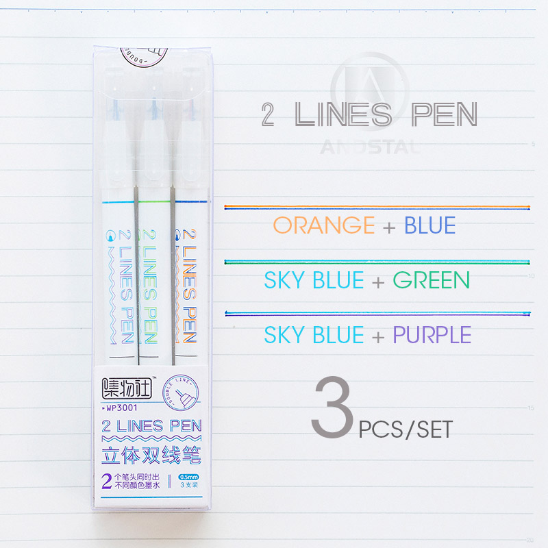 Andstal 2 linjers kuglepen sæt 0.5mm doule line art markør pen fine liner markører fineliner farve blæk tegne scrapbog journaling penne: 3 farver sæt b