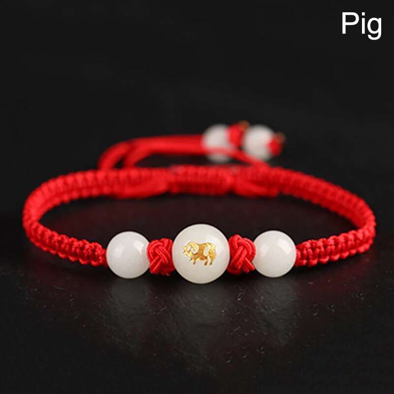 Chinese Stijl 12 Dierenriem Dieren Armband Unisex Handgemaakte Gevlochten Rode Draad Lucky Lichtgevende Steen Verstelbare Armband Paar: Pig