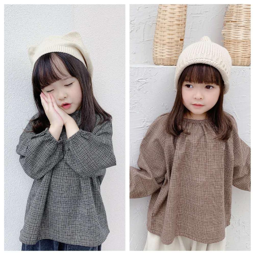 Kinderherfstproducten meisjes herfstkleding koreaanse stijl pofmouw geruit overhemd met lange mouwen overhemd